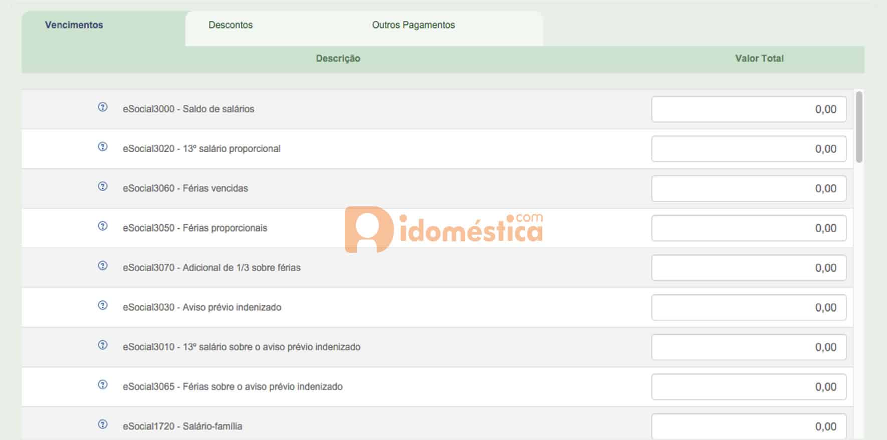 Esocial doméstico - tela para informação das verbas rescisórias