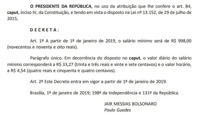 Decreto do salário mínimo de empregada doméstica para 2019
