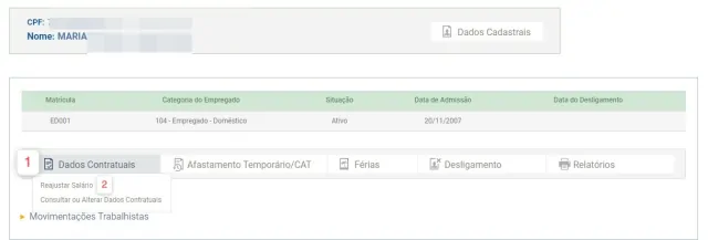 Acesse “dados contratuais” e depois “reajustar salário”